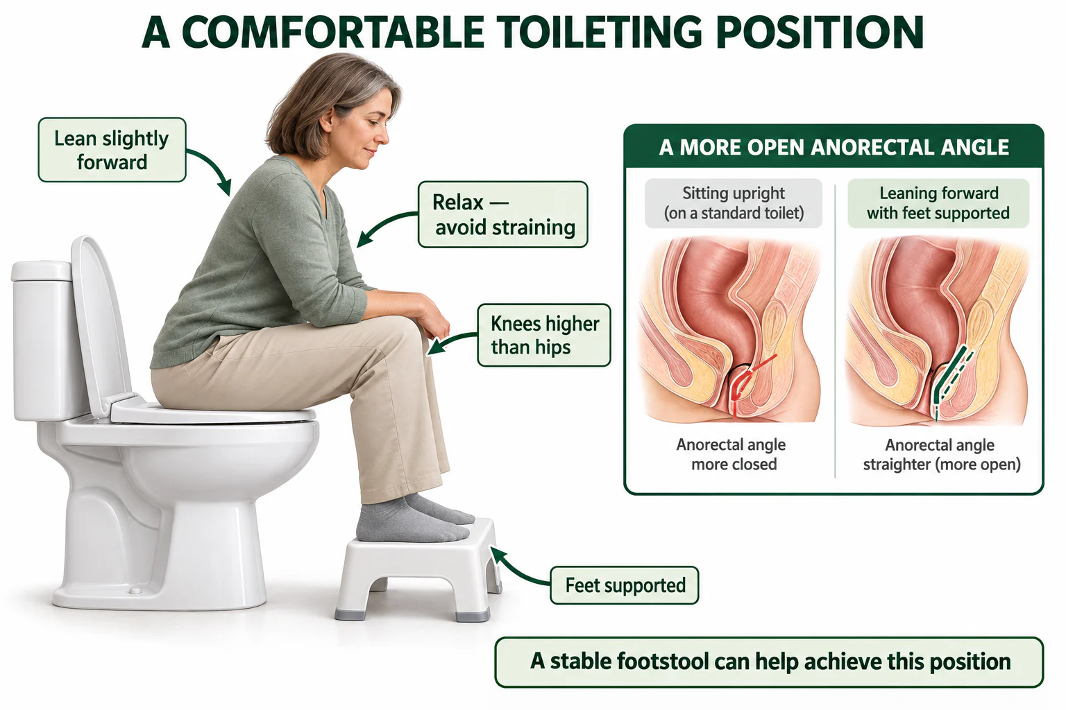 A fully clothed adult using a stable toilet footstool, with feet supported, knees higher than the hips and the body leaning slightly forward, alongside a simplified comparison of the anorectal angle.