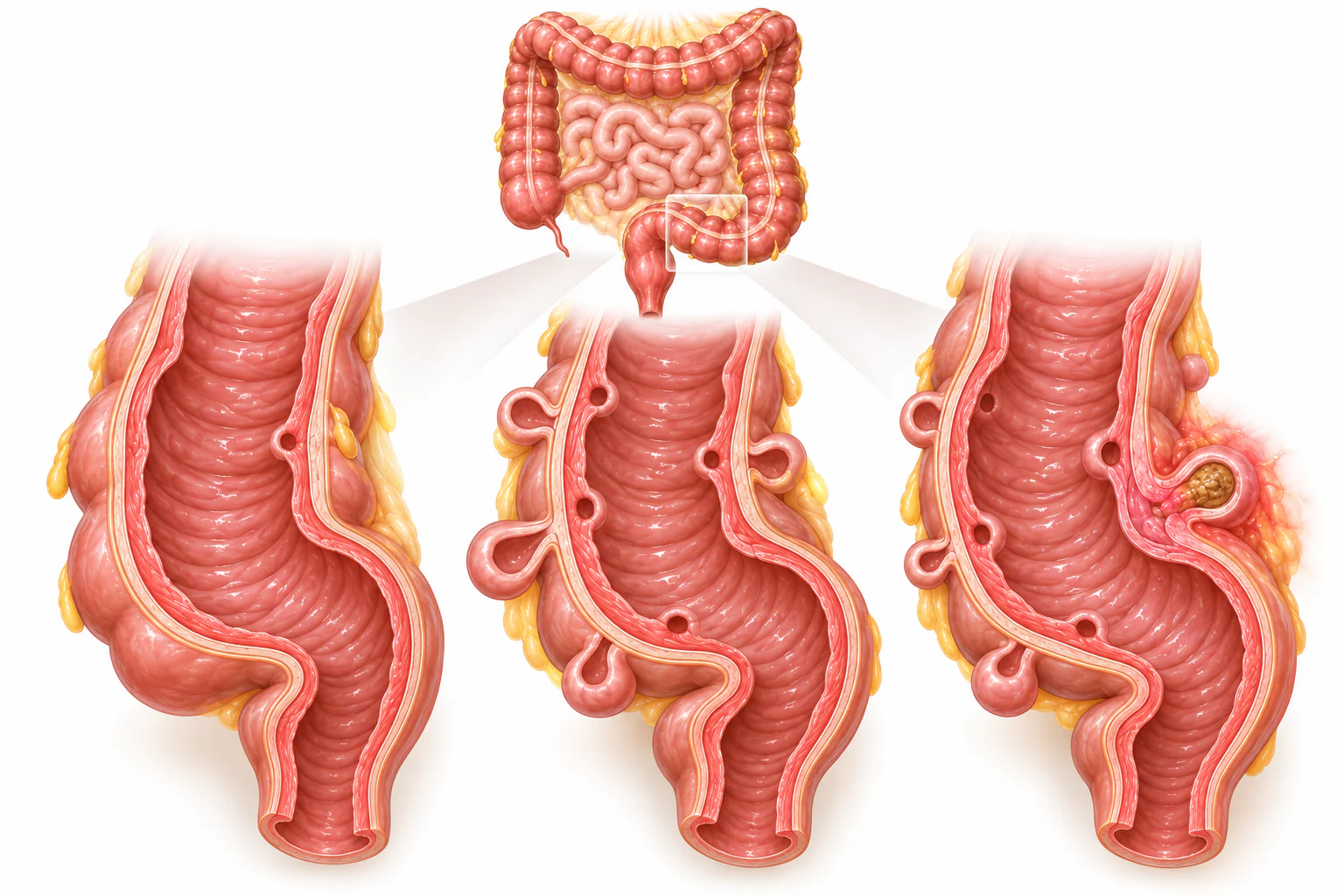 Medical illustration comparing a colon without diverticula, a colon with several non-inflamed diverticula and a colon with an inflamed diverticulum.