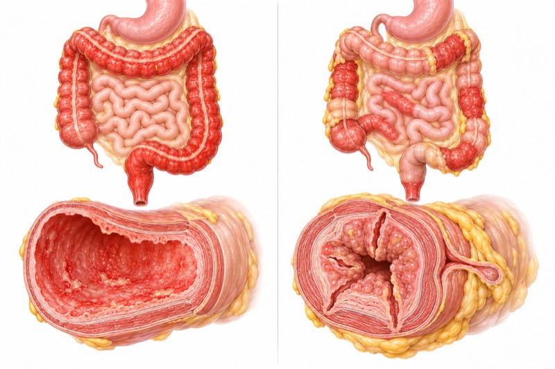 Comparison of ulcerative colitis, showing continuous inflammation of the large bowel, and Crohn’s disease, showing separate areas of inflammation in the small and large bowel.