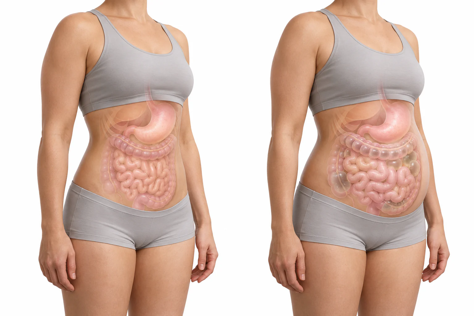 Comparison of the same adult abdomen in a relaxed, non-distended state and with visible abdominal distension, with a simplified overlay of the stomach and bowel.