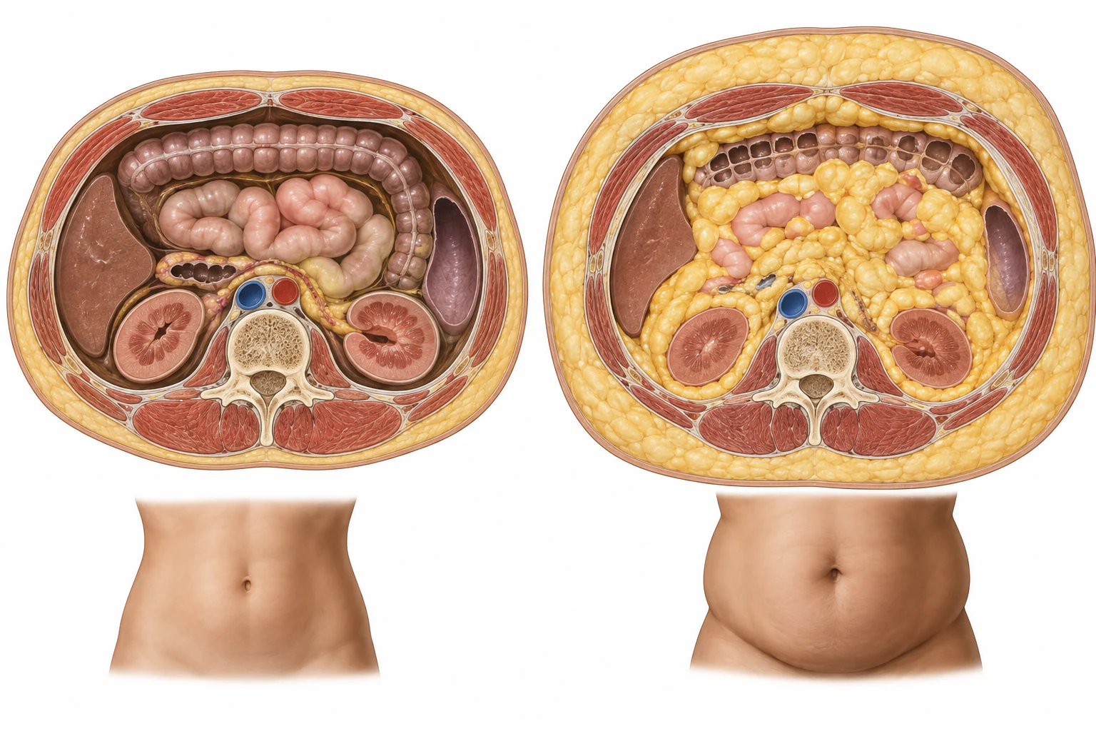 Two cross-sectional medical illustrations of the abdomen showing different amounts and distributions of subcutaneous fat beneath the skin and visceral fat around the internal organs.