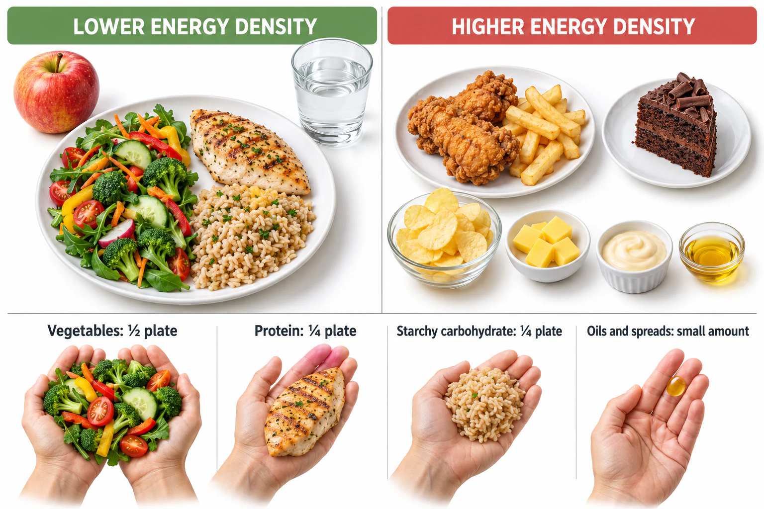 A comparison of a lower-energy-density balanced plate with vegetables, lean protein and brown rice, and smaller portions of higher-energy-density foods, followed by an illustrated plate and hand portion guide.